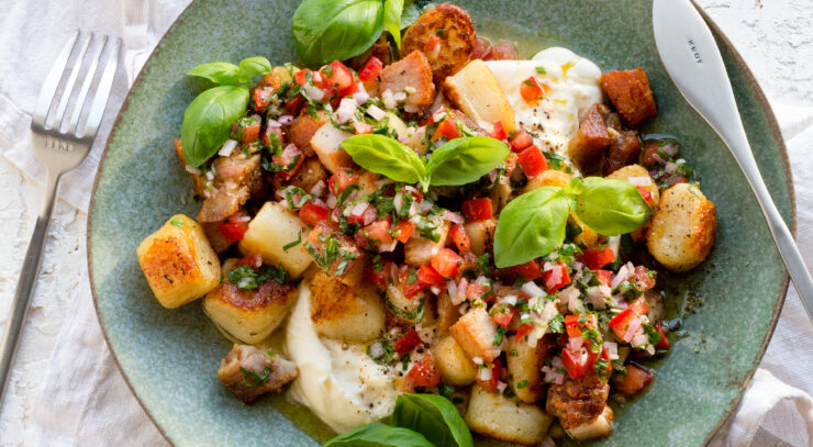 Pan Fried Gnocchi with Roast Pork, Burrata & Sauce Vierge