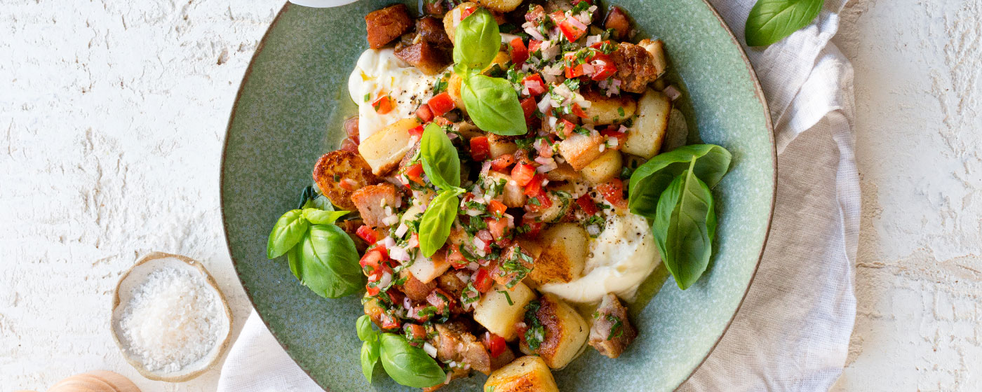 Pan Fried Gnocchi with Roast Pork, Burrata & Sauce Vierge - Riverview Farms