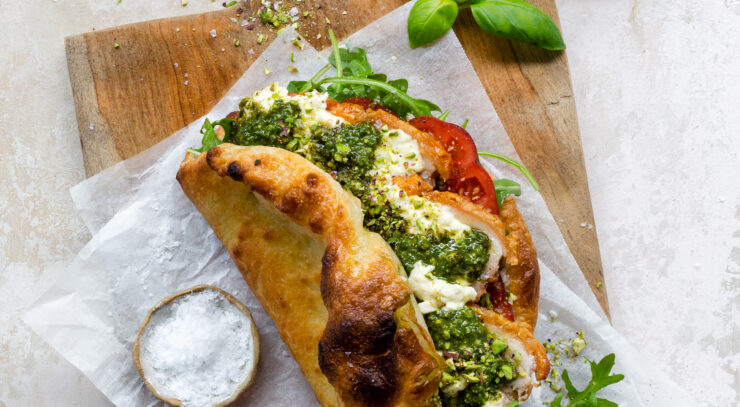 Pork Pizza Sandwich with Pistachio Pesto & Stracciatella