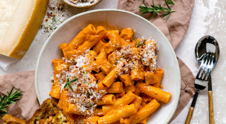Roast Pork Pasta Alla Vodka with Pork Crackling Garlic Bread